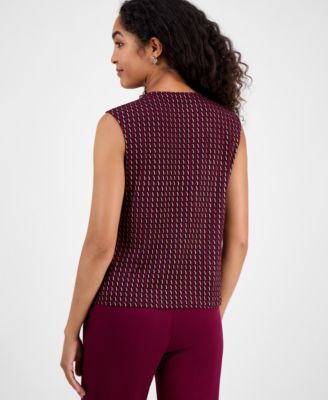 Foil Print Pleated-Neck Extended-Shoulder Top, Regular & Petites