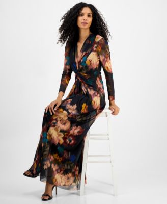Women's Printed Twist-Front Long-Sleeve Maxi Dress