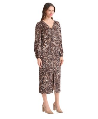 Women's Long Sleeve Shirred Front Slit Midi Dress