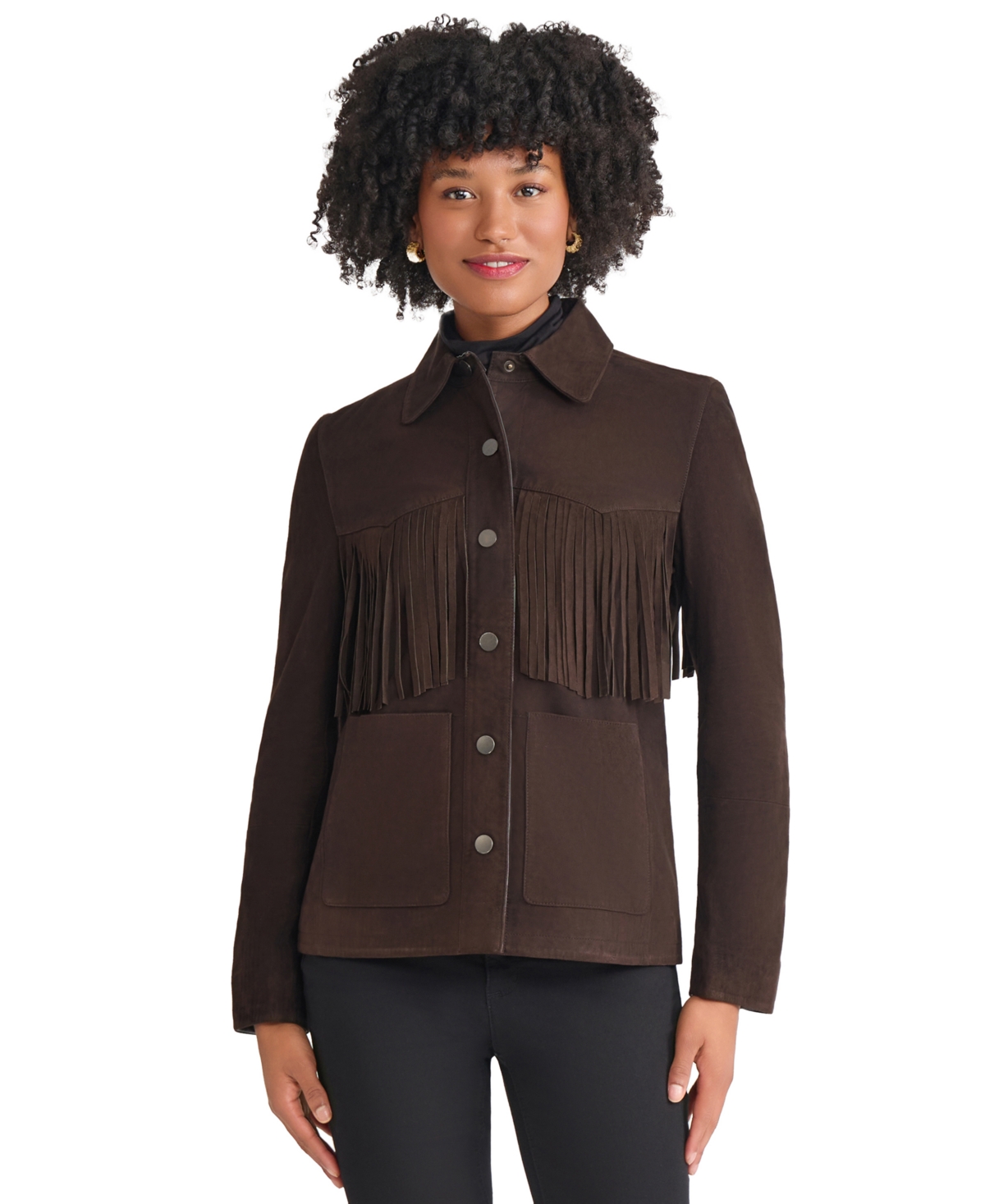 Jones New York Womens Fringe Suede Patch Long Sleeve Jacket Pxs Xl In Brown