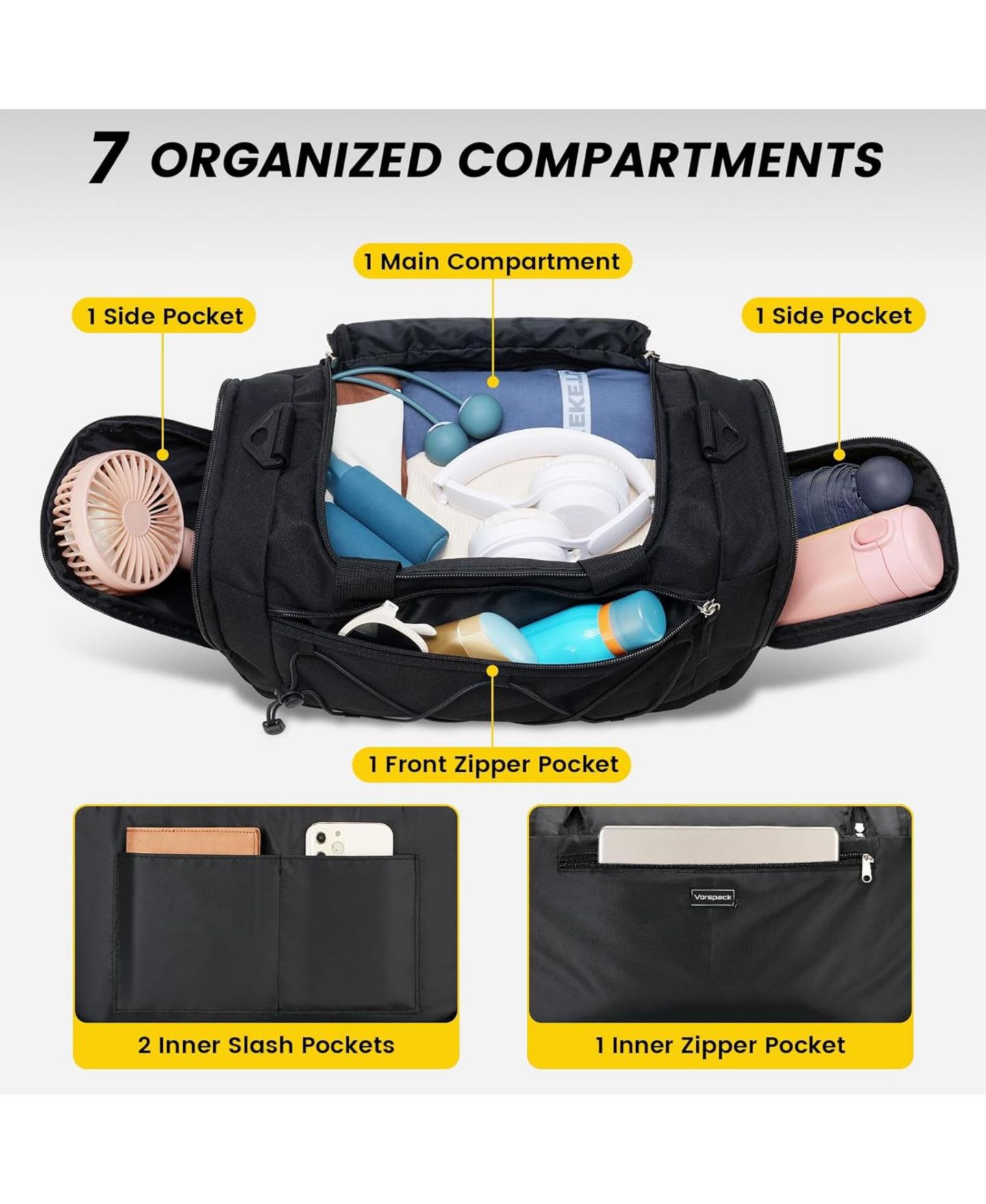 Мужская сумка Urtala Roomy Gym Bag for Men - 21 Inches Duffle Bag with Shoe Compartment, Lightweight Travel Bag for Sports, Gym & Weekend Trips, цвет: Чёрный — фото 3
