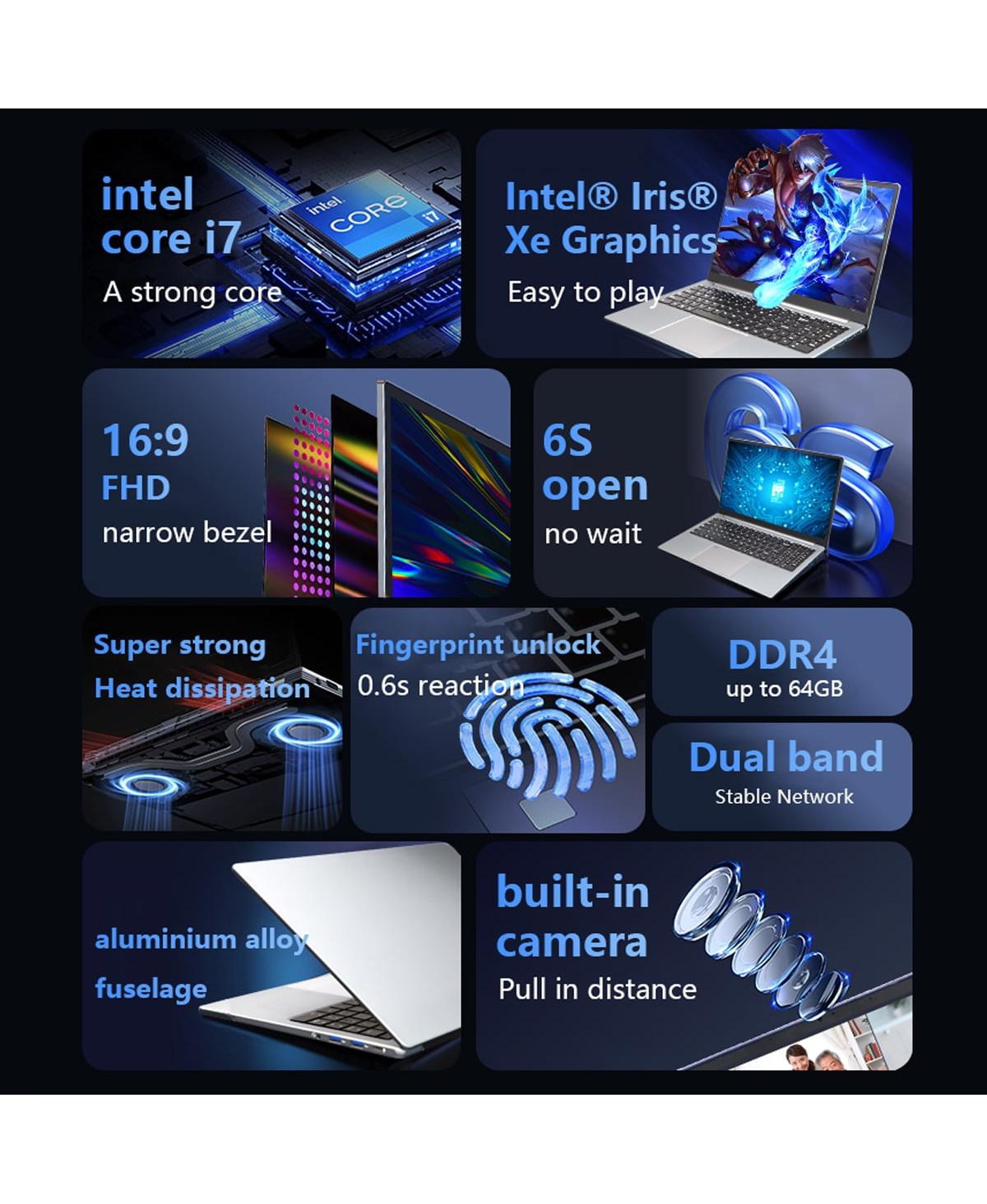 memzuoix 15.6"Gaming Laptop i7 1195G7,32GB 1TB Ssd Fhd 1920 1080 Display, Fingerprint Unlock Backlit Keyboard RJ45 Hdmi 180 Angle Opening Gamer L