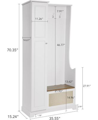 White Hall Tree with Bench - Spacious Storage Cabinet for Living Room, Entryway, Bedroom