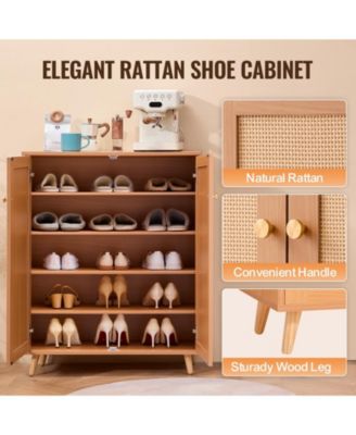 Rattan Shoe Cabinet with 2 Doors, 5-Tier Shoe Organizer with Adjustable Shelves