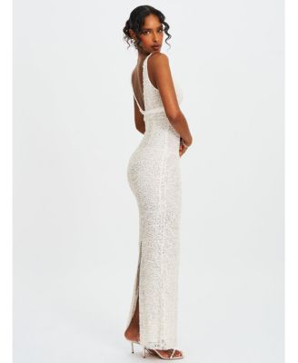 Women's Adelaide White Beaded Sequin Net Bodycon Gown