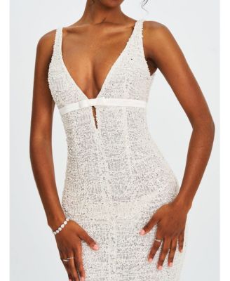 Women's Adelaide White Beaded Sequin Net Bodycon Gown