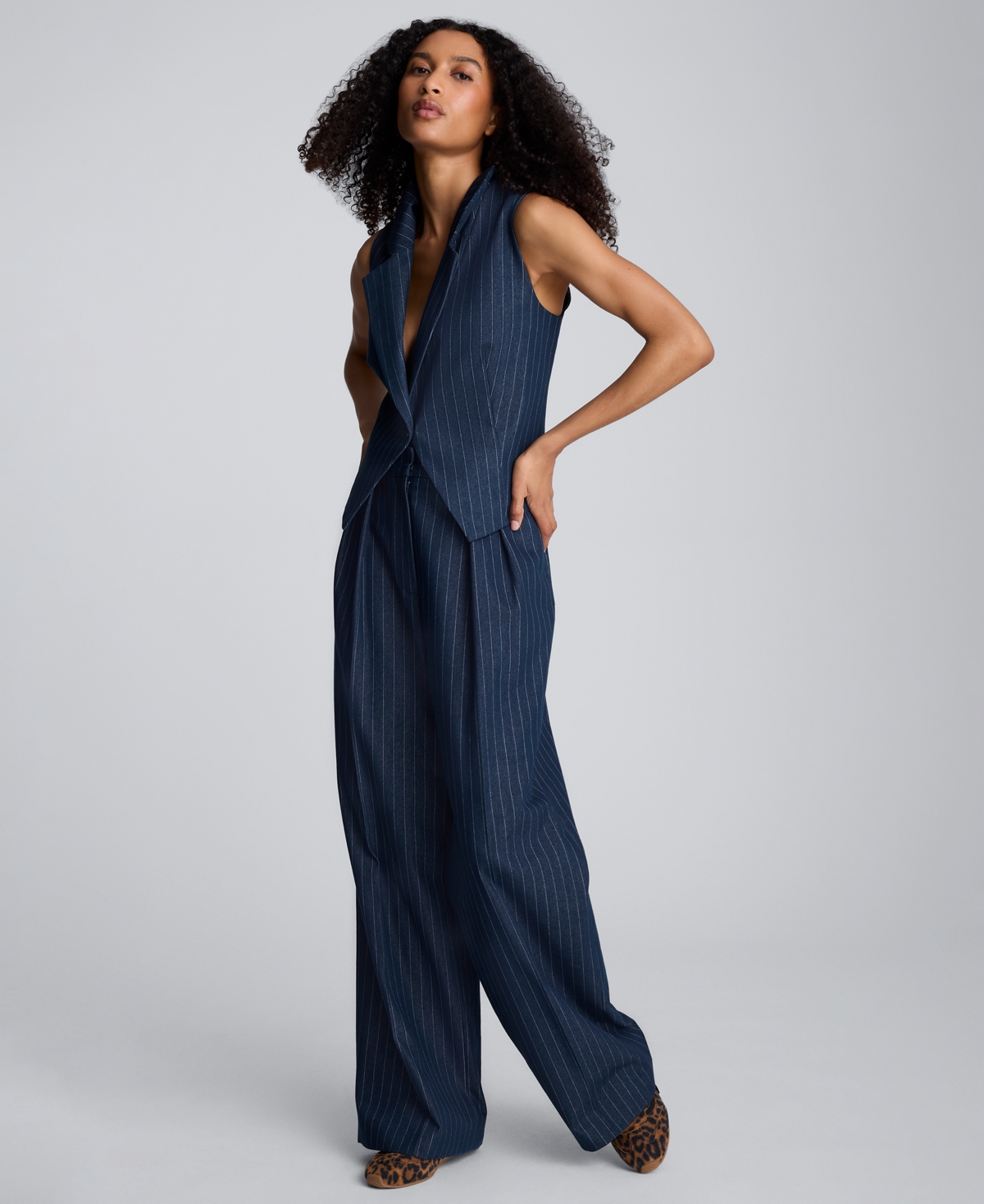 Kenneth Cole Pinstripe High Rise Fly Front Double Pleat Wide Leg Pant In Blue