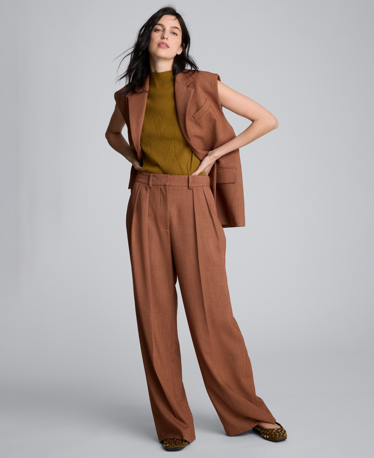Kenneth Cole Melange High Rise Fly Front Double Pleat Wide Leg Pant In Brown