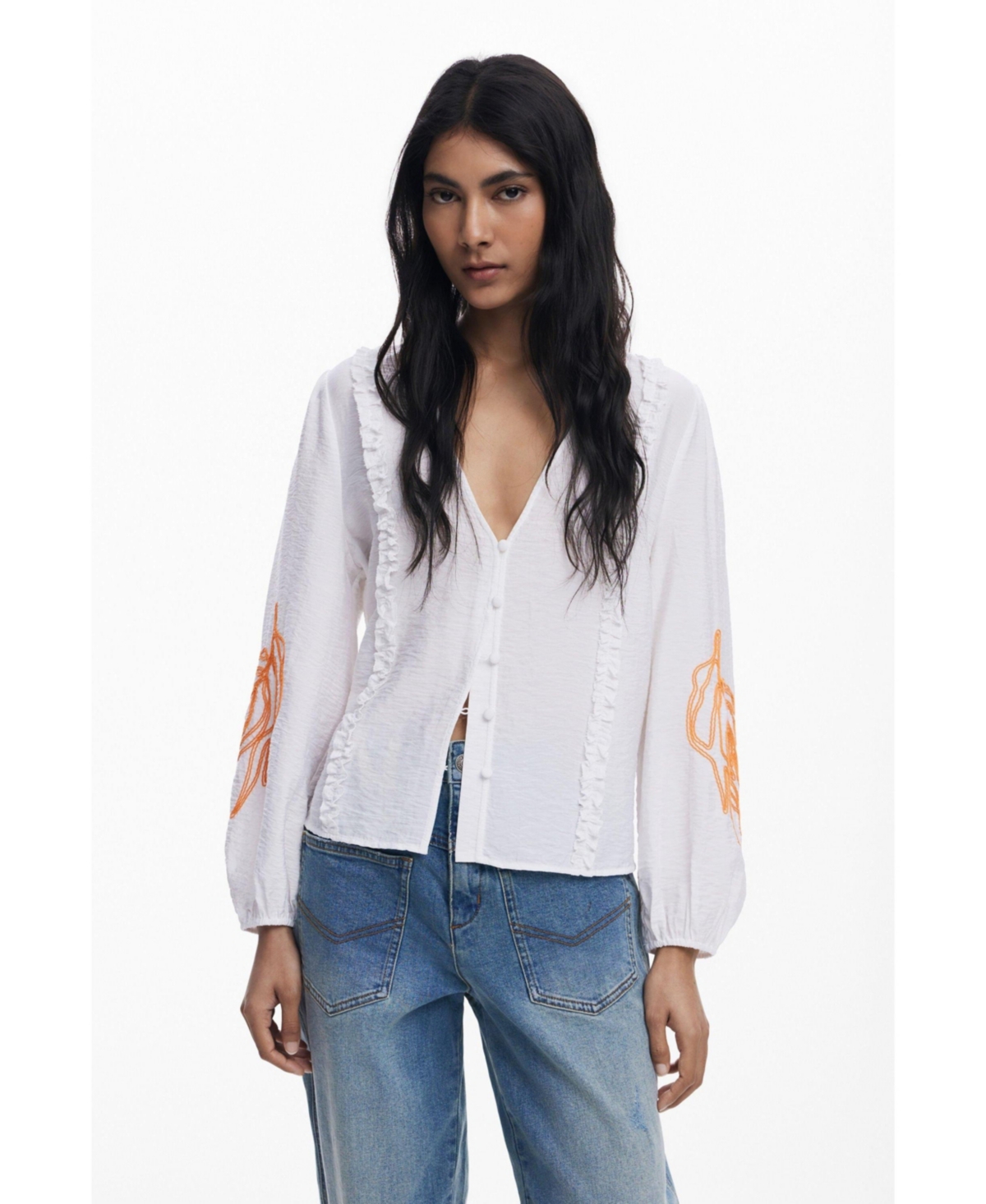 Women's Balloon blouse with leaves - White