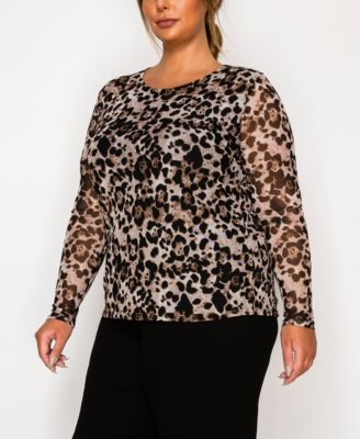 Plus Size Leopard Mesh Scoop Neck Long Sleeve Top