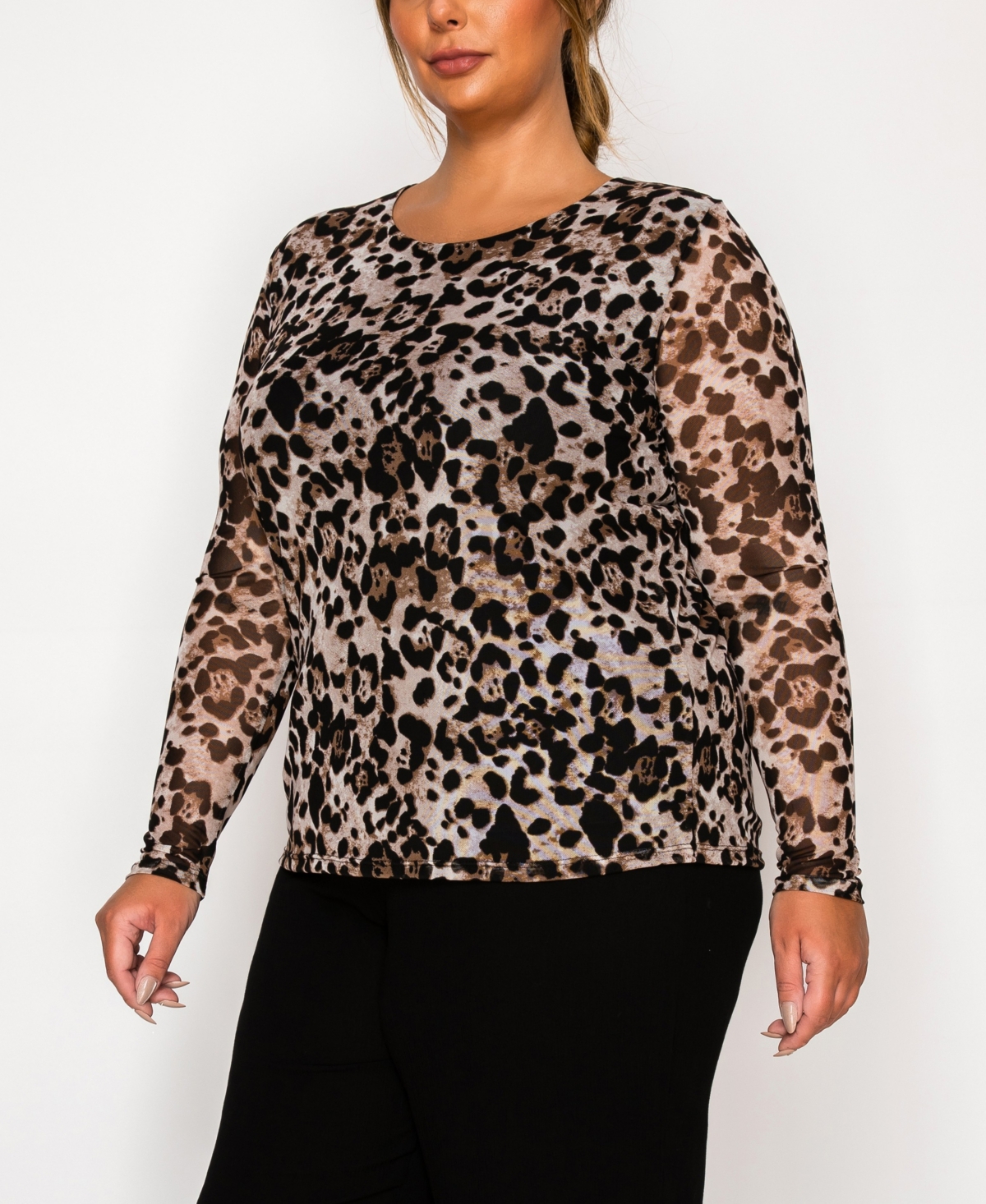 Coin 1804 Plus Size Leopard Mesh Scoop Neck Long Sleeve Top In Gray