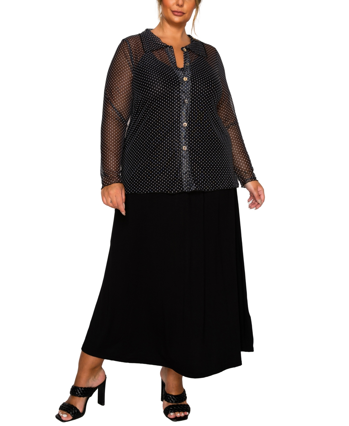Coin 1804 Plus Size Dot Mesh Button Front Long Sleeve Top In Multi