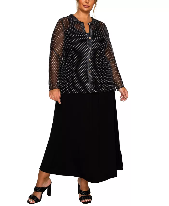 Plus Size Dot Mesh Button Front Long Sleeve Top - thumbnail 4