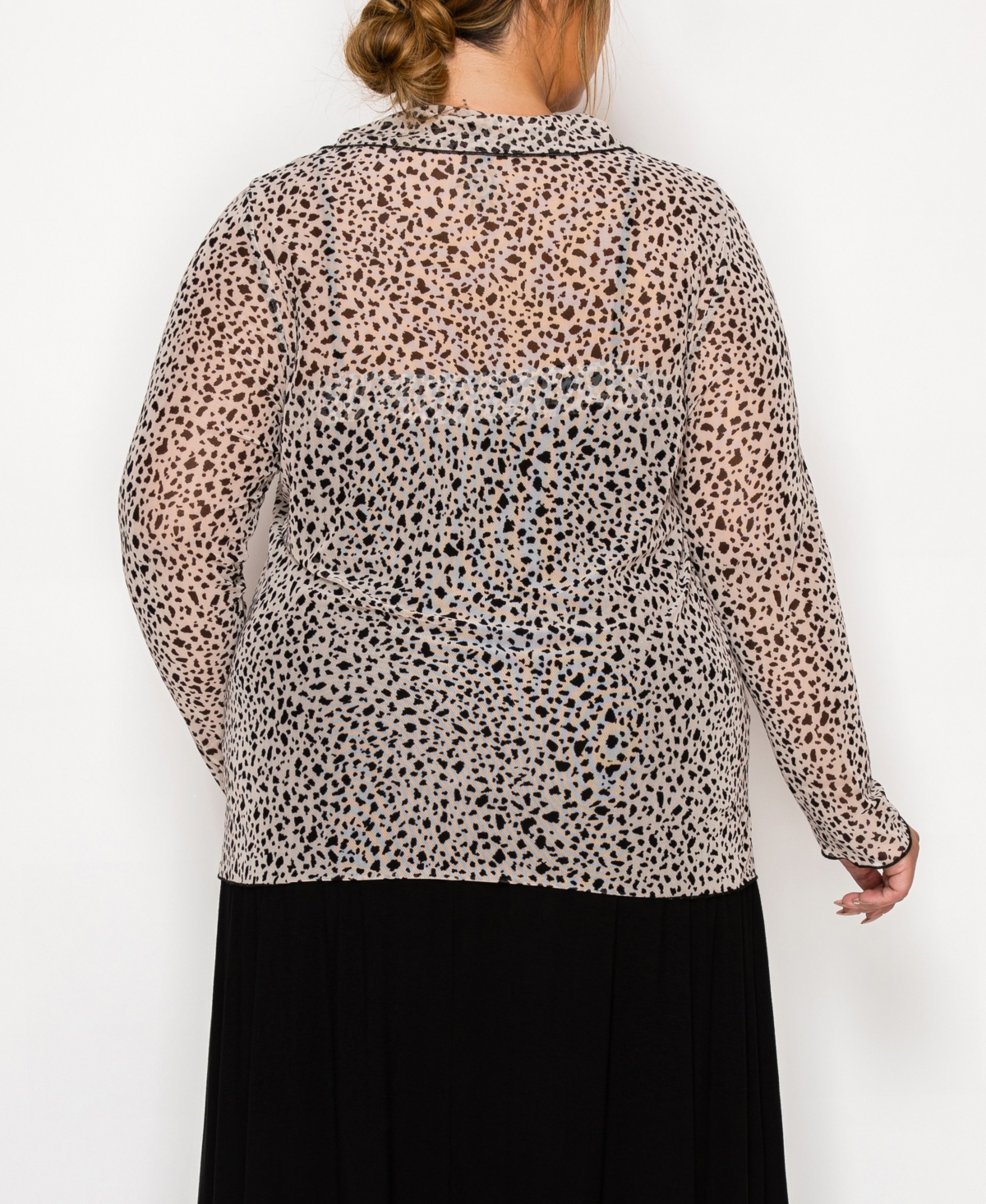 Coin 1804 Plus Size Leopard Mesh Button Front Long Sleeve Top In Brown