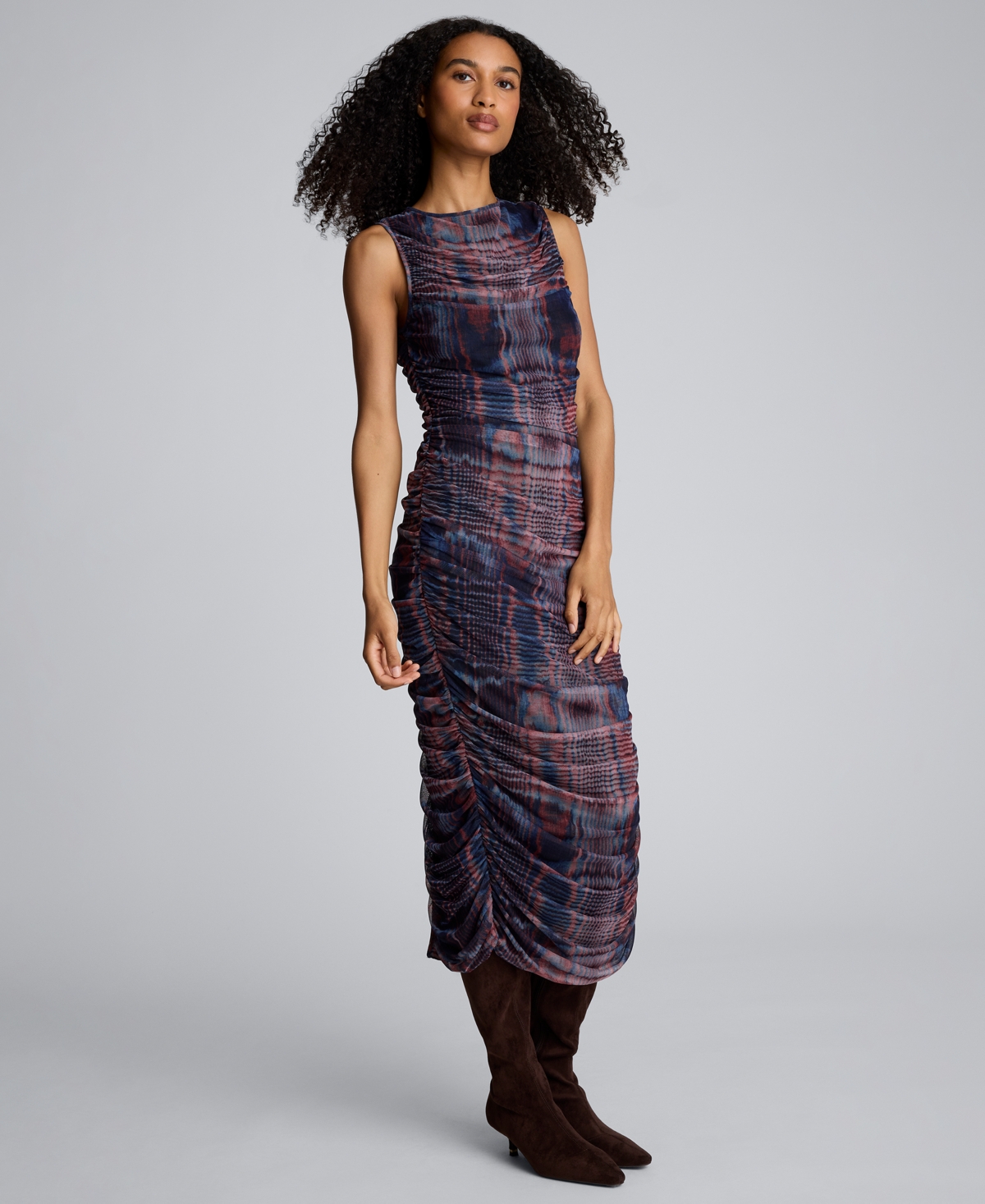 Kenneth Cole Printed Mesh Fully Ruched Modern Midi Dress In Multi