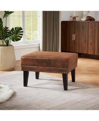 Vintage Upholstered Ottoman with Nailhead Trim, Distressed Brown Footstool with Solid Wood Legs-The Pop Home