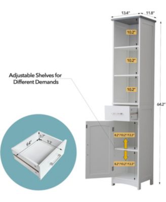 Tall Freestanding Storage Cabinet - 13 x 64 Inches, Grey Top with Matte White Finish, Adjustable Shelves & Anti-Fall Drawer Guides 