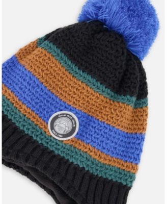 Boy Lined Peruvian Knit Pompom Hat Black, Blue and Brown - Toddler|Child