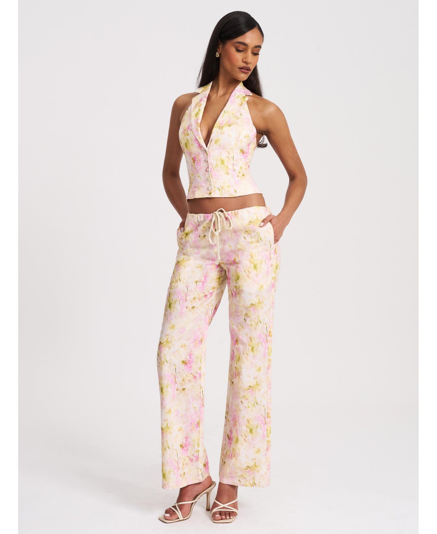 Women Lauren Pink Floral Print Ruched Back Linen Suit Vest