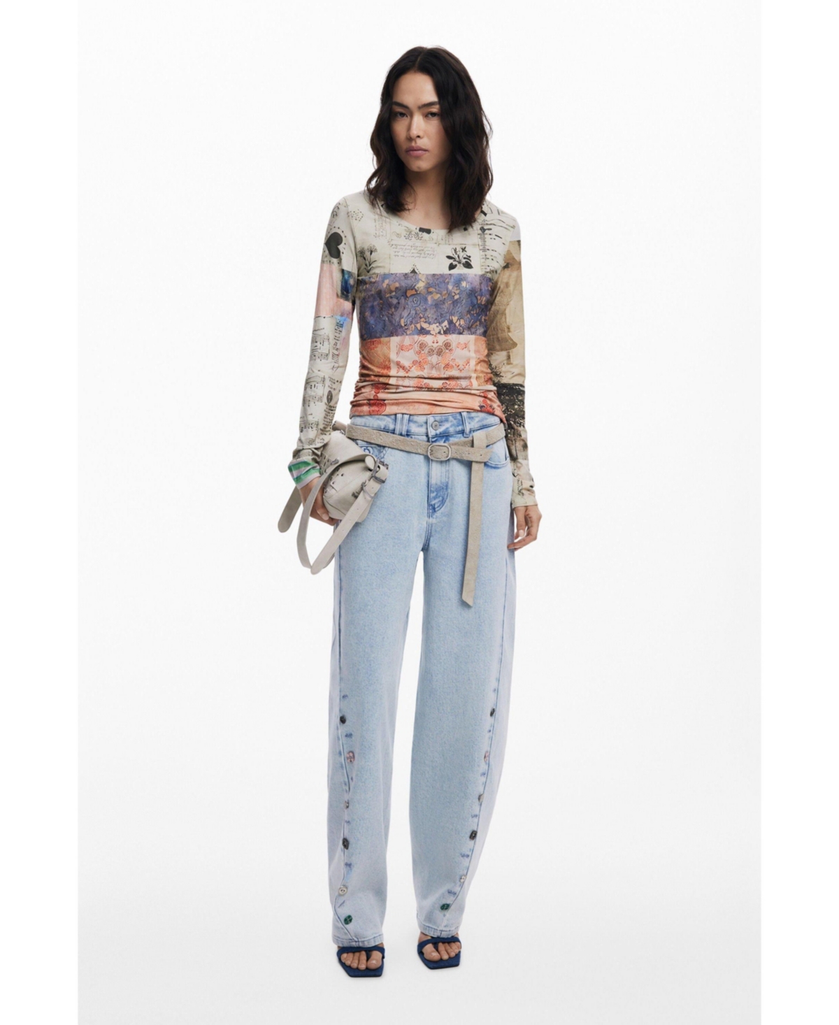 Desigual Pieced Print Long Sleeve T-shirt In Blue