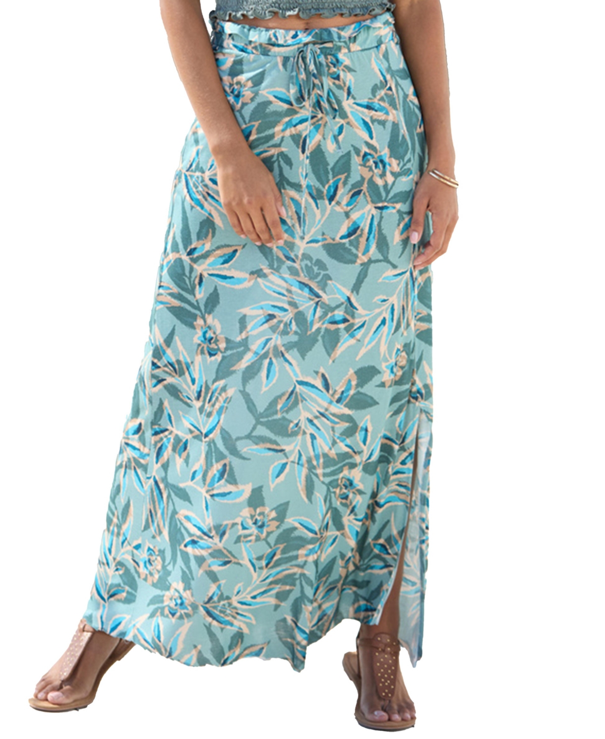Women's Paperbag Maxi Skirt - Teal print