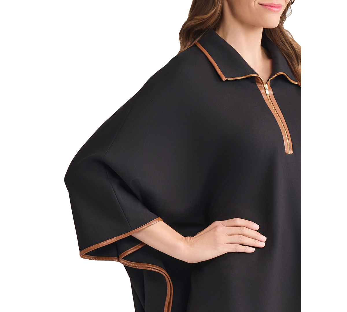 Jones New York Plus Size Faux-leather-trim Quarter-zip Poncho In Black