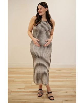 Maternity Beige Striped Knit Fitted Sleeveless Maxi Dress