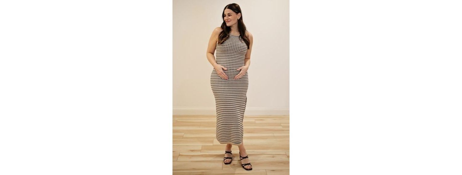 Women's Beige Striped Knit Fitted Sleeveless Maxi Dress
