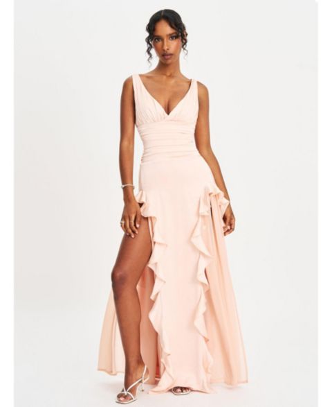 Женское платье Miss Circle Women Talyssa Baby Pink Ruched Waist Double High Slit Maxi Gown, цвет: Розовый