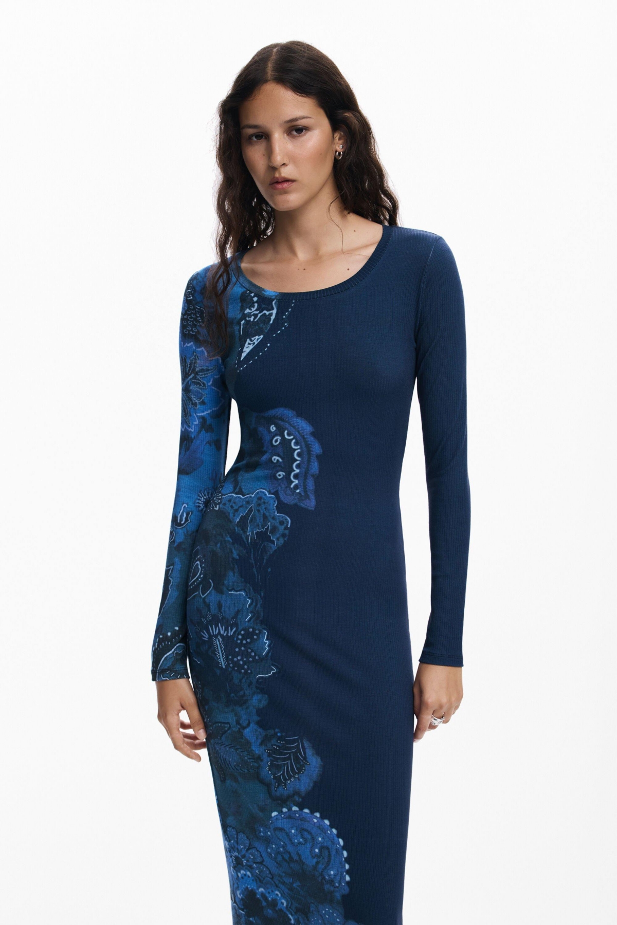 Desigual Floral Print Long Sleeve Midi Dress In Blue