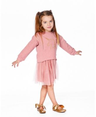 Girl Bi-Material Dress Dusty Pink with Mesh Skirt and Unicorn - Child