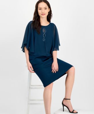 Petite Cape Overlay Round Neck Dress