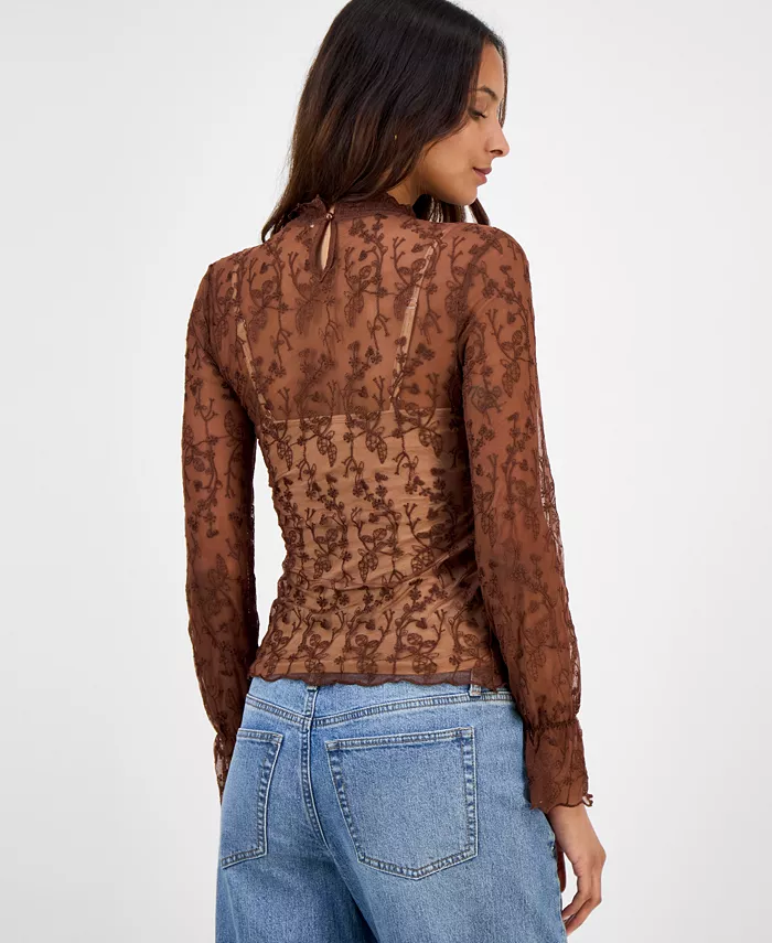 Women's Embroidered Mesh Mock Neck Top - thumbnail 2
