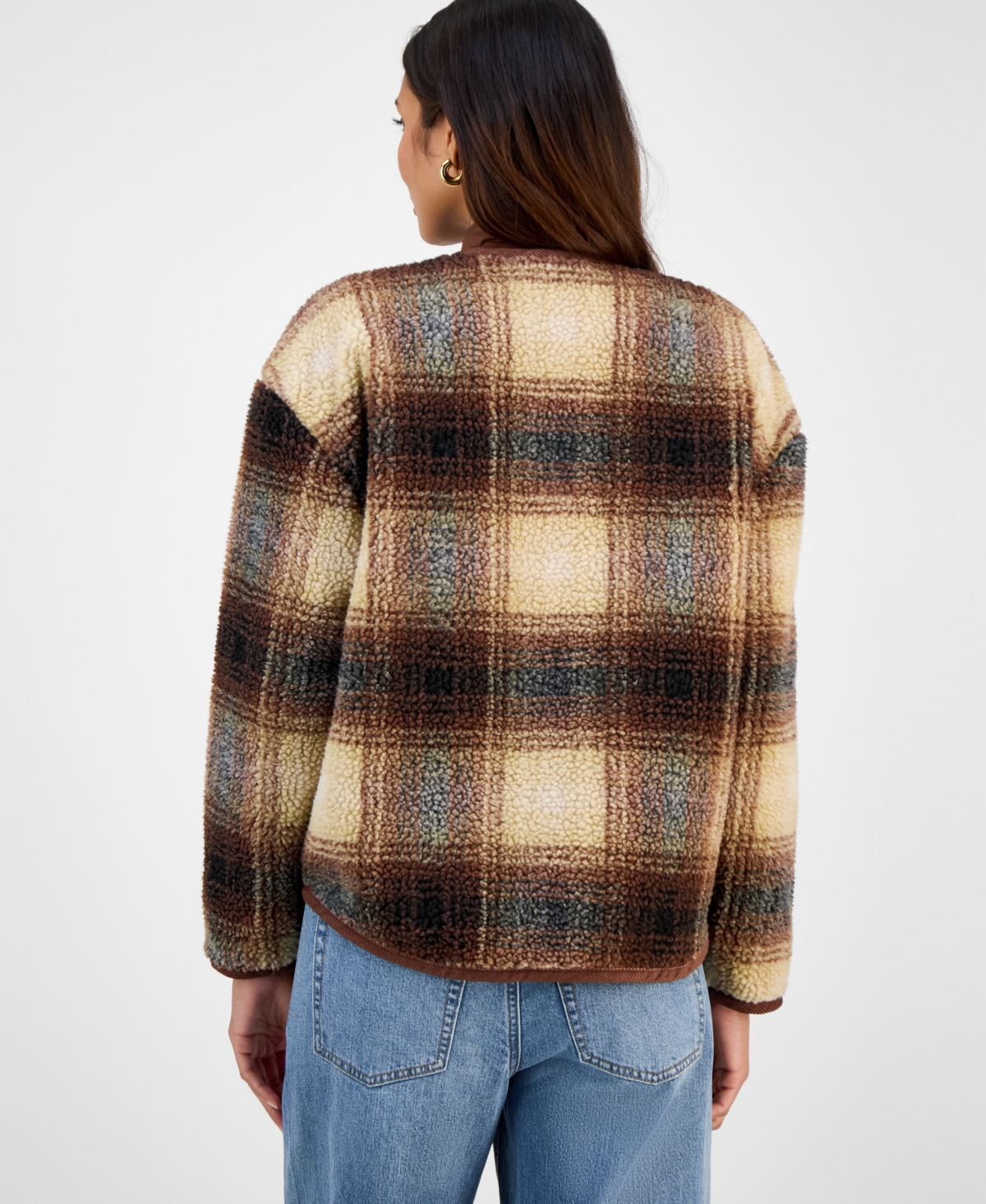 And Now This Women's Plaid Sherpa Fleece Collarless Jacket, Macy's Exclusive In Brown