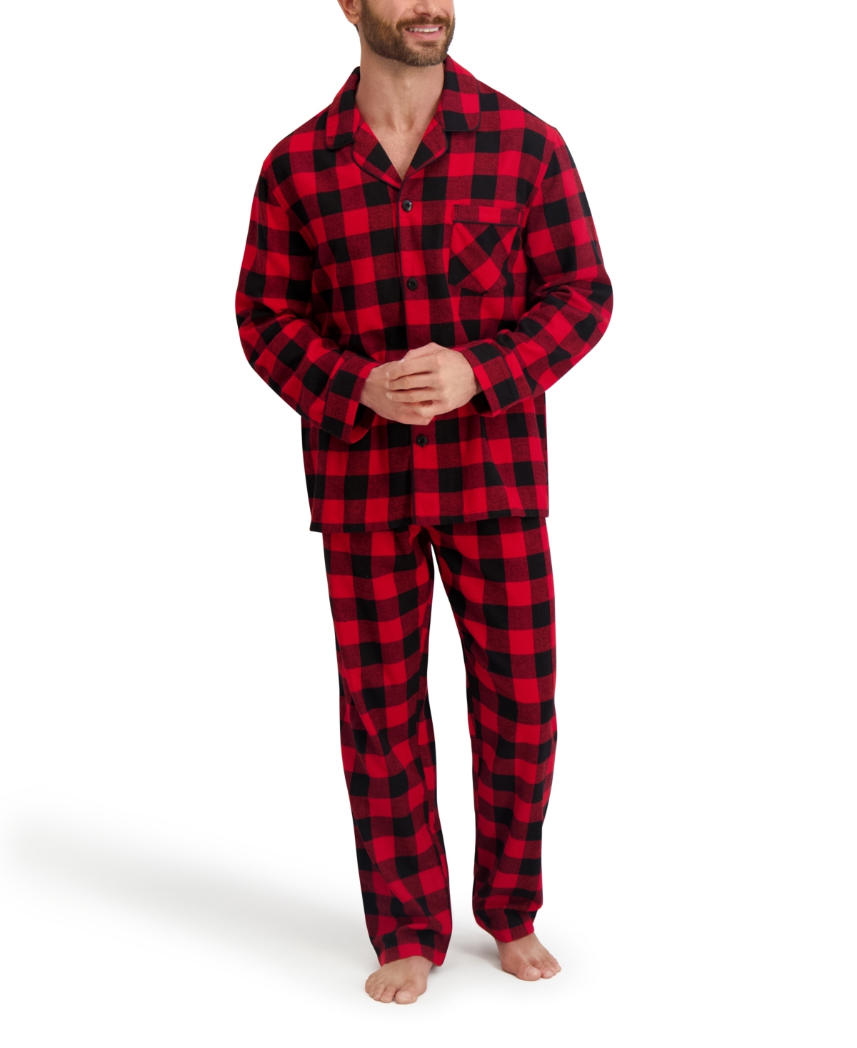 Hanes Men's Flannel Button Down Pajama Sleep Set In Red