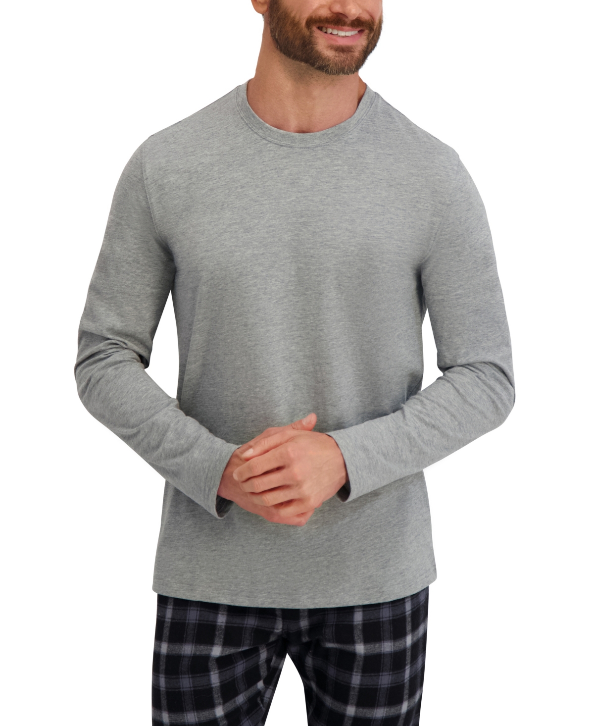 Hanes Men's Long Sleeve Crew Flannel Sleep Set In Gray