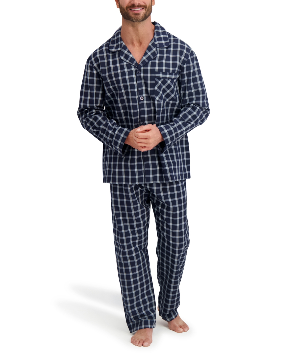 Hanes Men's Woven Button Down Pajama Sleep Set In Blue