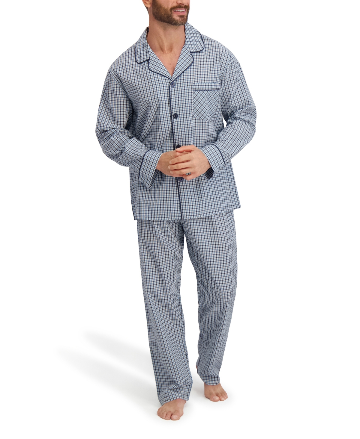 Hanes Men's Woven Button Down Pajama Sleep Set In Blue