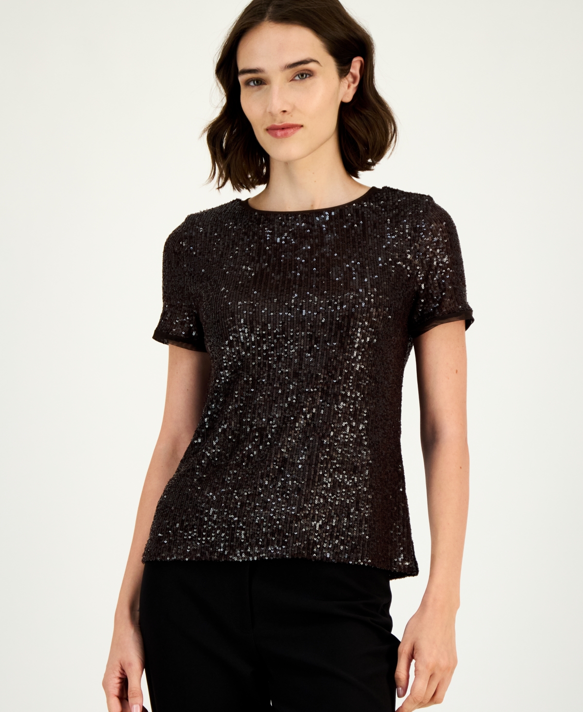 Anne Klein Short Sleeve Sequin Mesh Top In Black