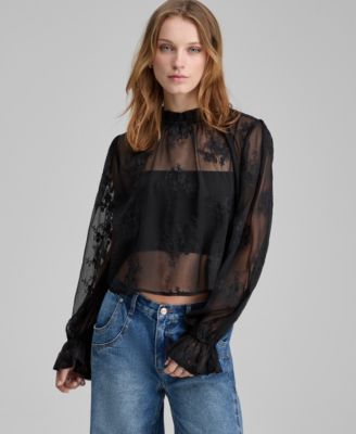 And Now This - Women's Embroidered Sheer High-Neck Blouse