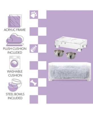 Billie 24" x 15.75" Small Modern Acrylic Calming Fluffy Pet Bed with Washable Cushion and 4" Elevated Pet Feeder with 27 oz 2-Stainless Steel Bowls, Light Gray/Clear (Set of 2)