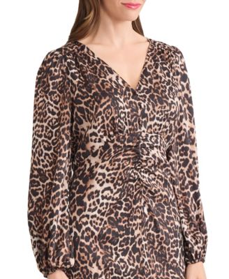 Women's Long Sleeve Shirred Front Slit Midi Dress