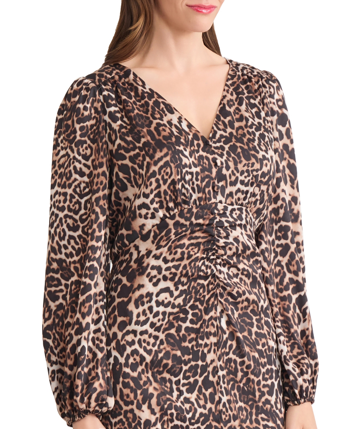 Jones New York Women's Long Sleeve Shirred Front Slit Midi Dress In Multi