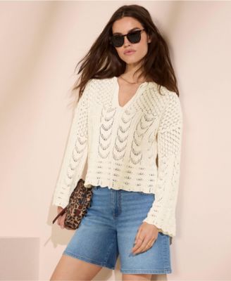 Women's Cotton Boucle Pointelle Notch Neck Sweater