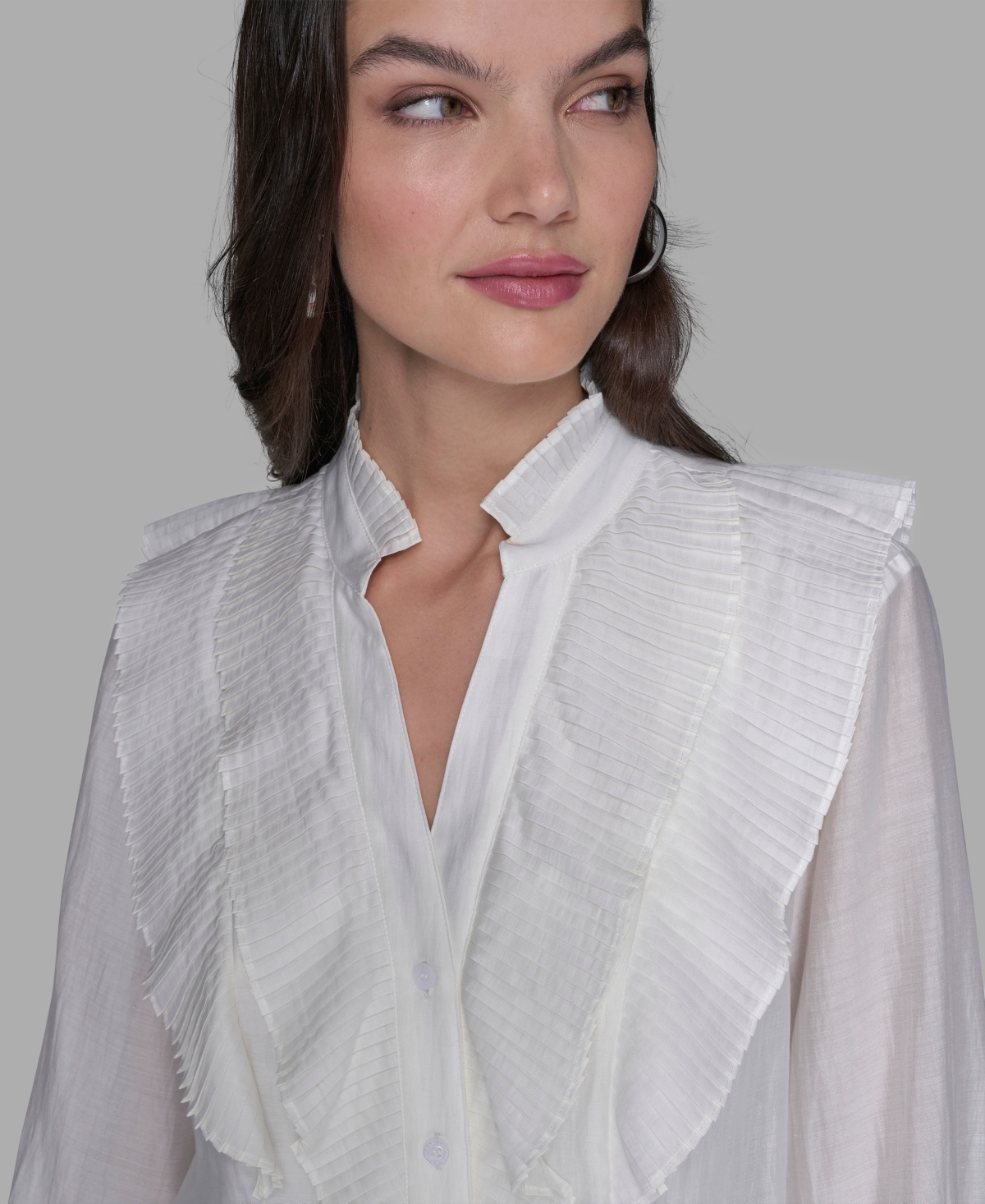 Karl Lagerfeld Women's Ruffle Button Woven Collar Neck Top In White