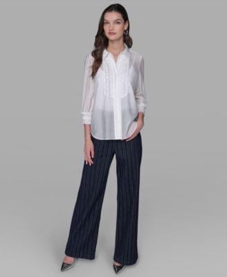 Women's Ruffle Button Woven Collar Neck Top