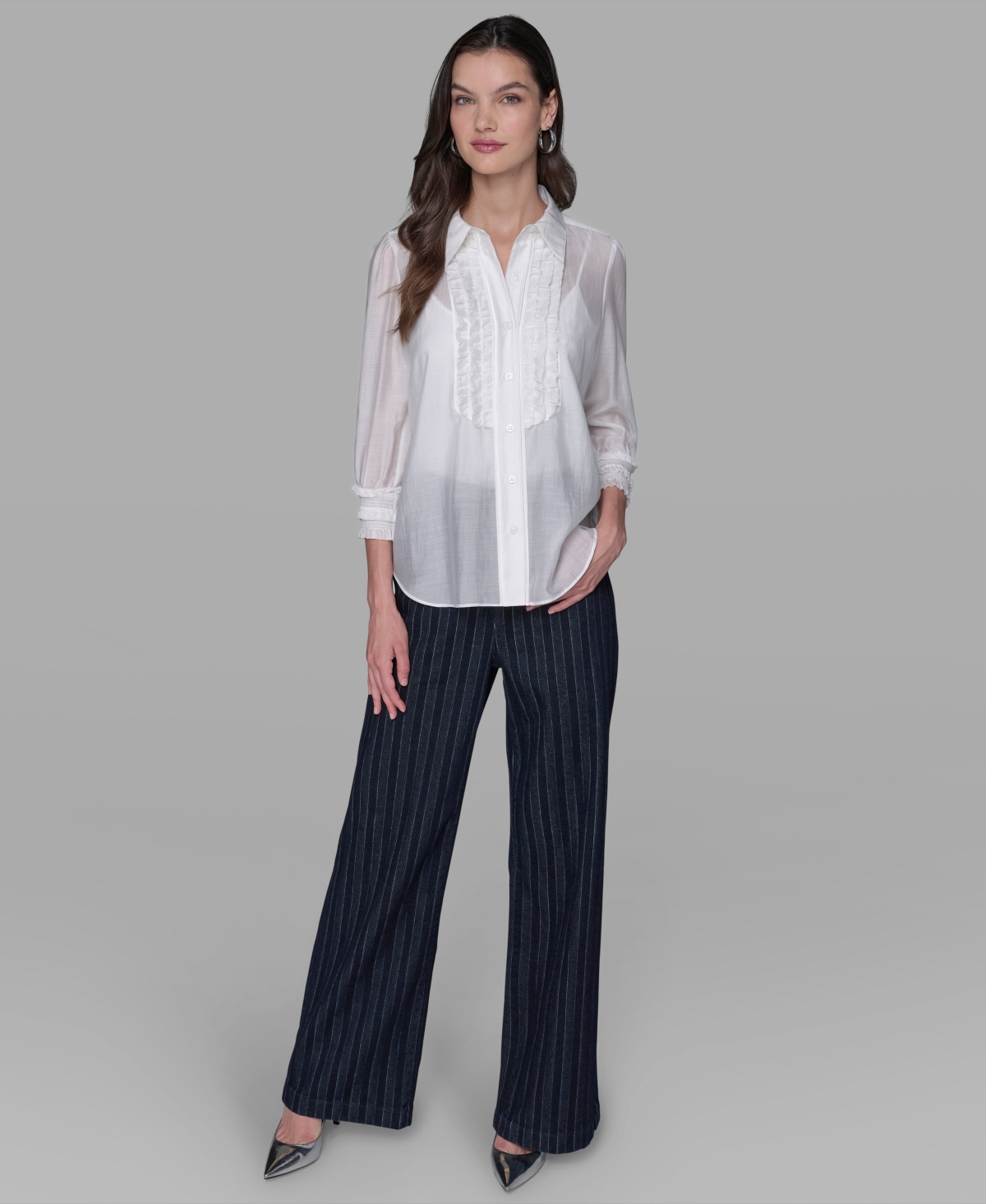 Karl Lagerfeld Women's Ruffle Button Woven Collar Neck Top In White
