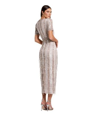Women's High Neck Short Sleeve Crystal Fringe Column Dress
