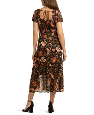 Juniors' Sweetheart-Neck Print Puff-Sleeve Dress