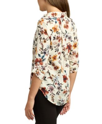 Juniors Printed Dobby-Collar 3/4-Sleeve Top